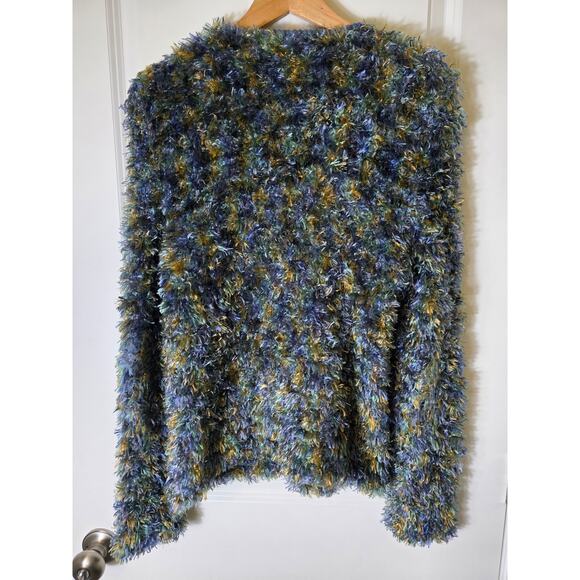 Vintage SIDE EFFECTS Blue Green Fuzzy Open Front Shaggy Cardigan SZ M - Picture 2 of 8